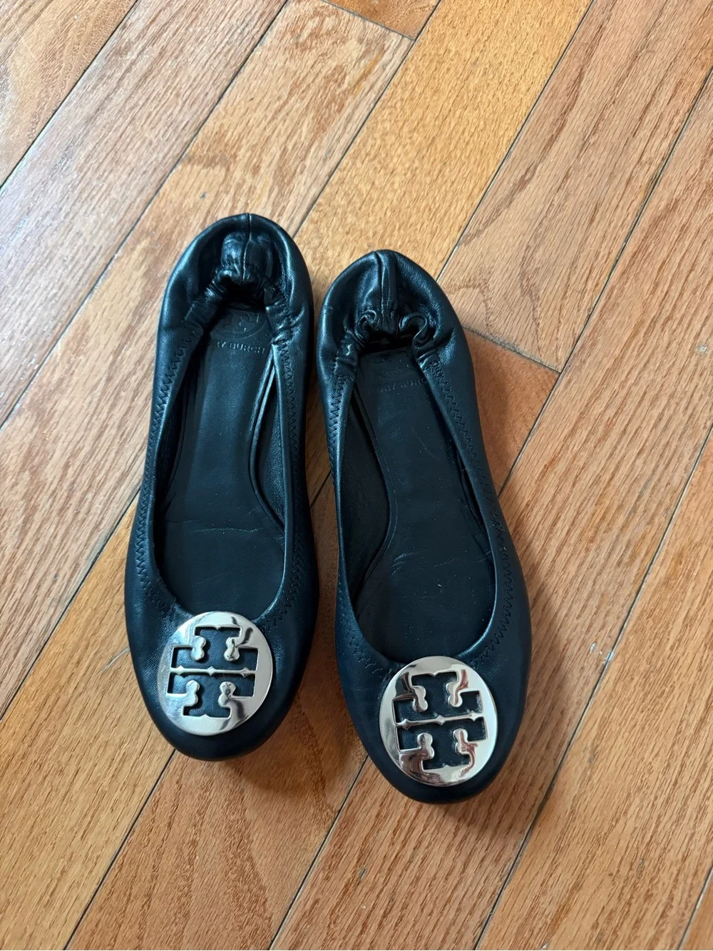 Tory Burch Black Leather Logo Emblem Ballet Flats
